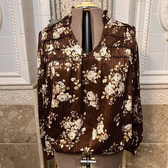 Anthropologie Calligraphie Top. Sz XL. Brown. Ruffled. Blouson. Ruched. B15 - Picture 6 of 7